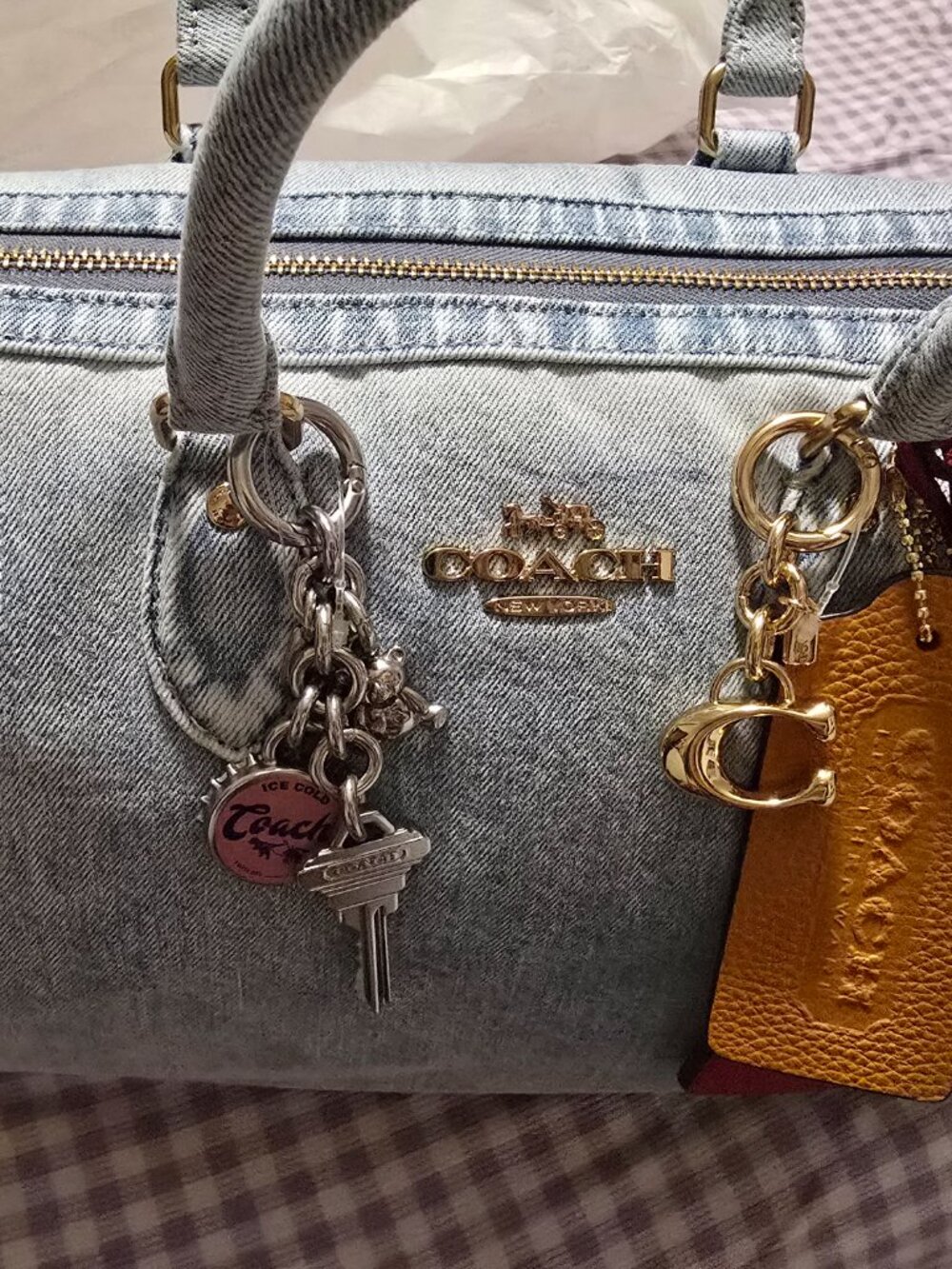 Coach Outlet Rowan Large Satchel Bag In Loved Denim With Charms - Picture 7 of 7